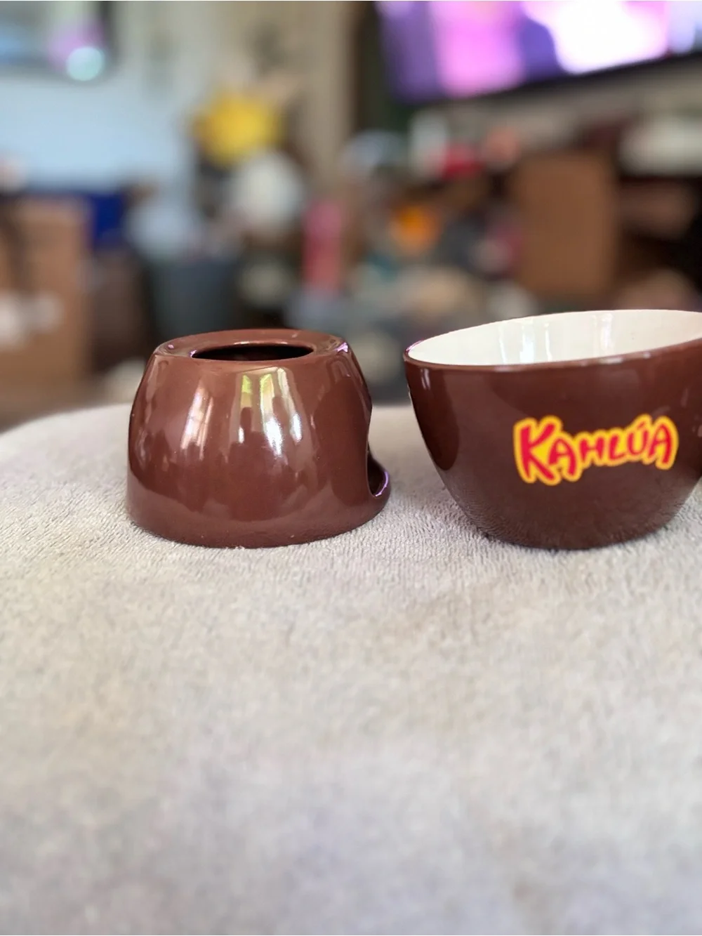Kahlua brown ceramic chocolate fondue with a 'KAHLUA' logo